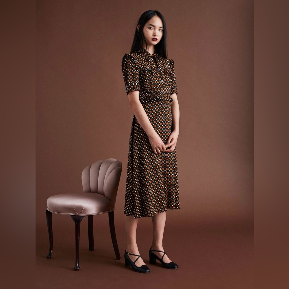 L' Orla Orla Kiely Short Sleeved Small Flowered Brown Black Dress US 4